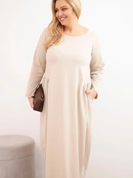 Sukienka damska Plus Size bawełniana z długim rękawem i marszczeniem w talii beżowa