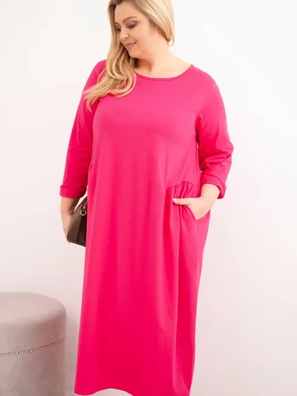 Sukienka damska Plus Size bawełniana z długim rękawem i marszczeniem w talii fuksja