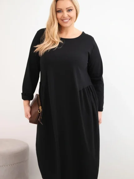 Sukienka damska Plus Size bawełniana z długim rękawem i marszczeniem w talii czarna