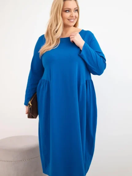 Sukienka damska Plus Size bawełniana z długim rękawem i marszczeniem w talii chabrowa