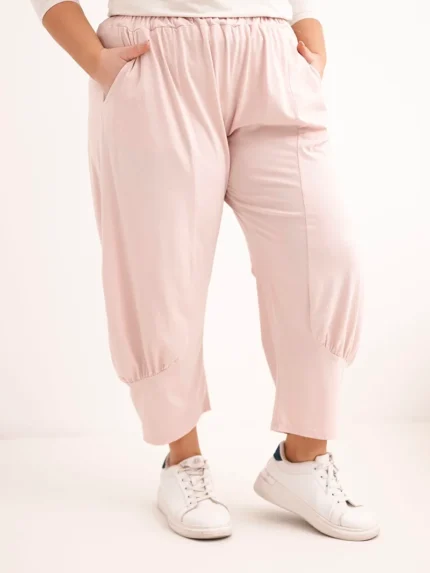 Spodnie damskie Plus Size z obniżonym krokiem i gumką w pasie ciemny pudrowy róż