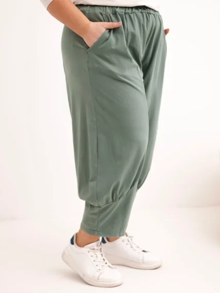 Spodnie damskie Plus Size z obniżonym krokiem i gumką w pasie khaki