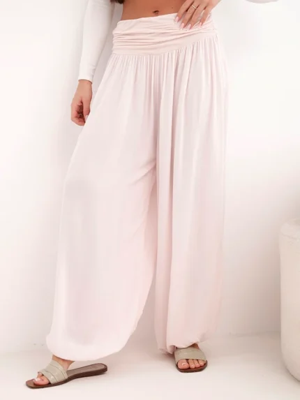 Spodnie damskie wiskozowe z szeroką nogawką i marszczeniami pudrowy róż