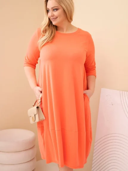 Sukienka damska bawełniana Plus Size z podwijanym rękawem i kieszeniami morelowa