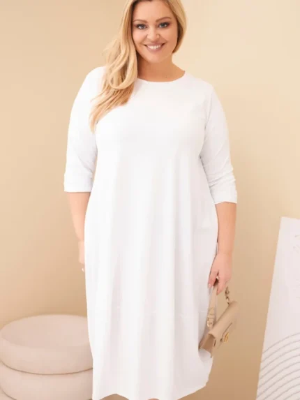 Sukienka damska bawełniana Plus Size z podwijanym rękawem i kieszeniami biała