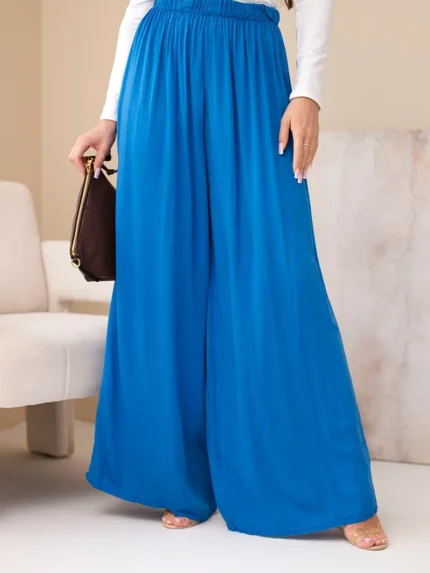 Spodnie damskie wiskozowe szerokie z gumką w pasie chabrowe