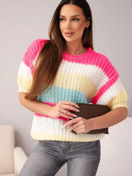 Sweter damski ażurowy w kolorowe pasy z krótkim rękawem różowy neon