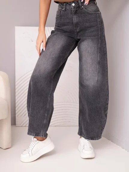 Spodnie damskie jeansowe Wide Leg z wysokim stanem i efektem sprania czarne