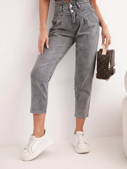 Spodnie damskie jeansowa paperbag z podwójnym zapięciem M.sara grafitowe