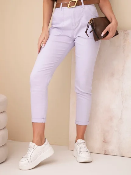 Spodnie damskie wiosenne Boyfriend z wysokim stanem i paskiem M.Sara fioletowe