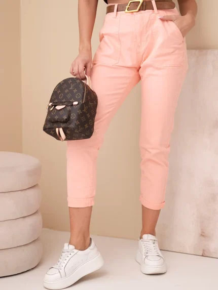 Spodnie damskie wiosenne Boyfriend z wysokim stanem i paskiem M.Sara morelowe