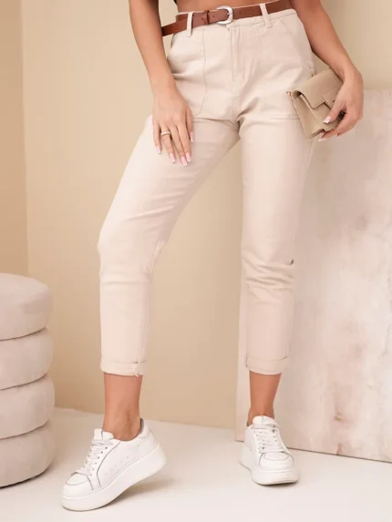 Spodnie damskie jeansowe Skinny z wysokim stanem i paskiem M.sara beżowe