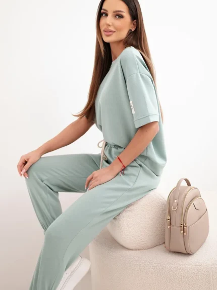 Komplet damski z wiskozy masełko z krótkim rękawem i spodniami ciemny miętowy