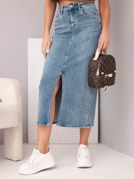 Spódnica jeansowa damska midi z rozcięciem z przodu jeansowe