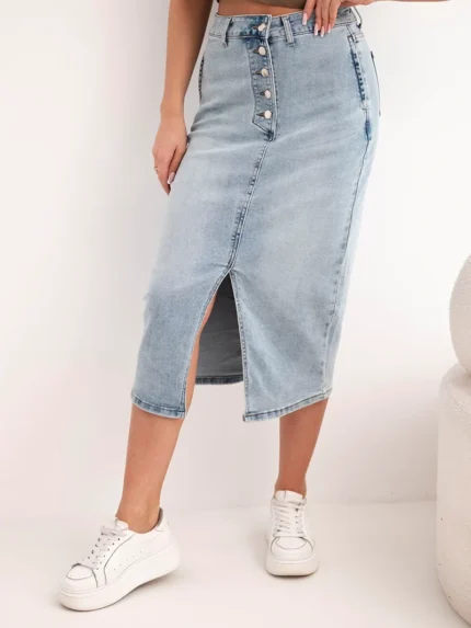 Spódnica jeansowa M.Sara z guzikami midi z elastycznego denimu jeansowe