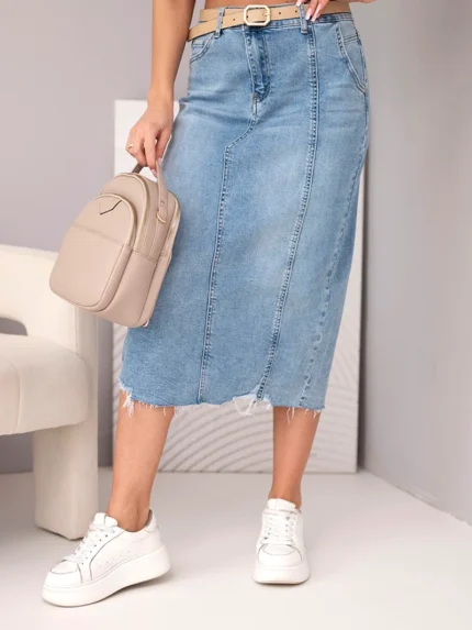 Spódnica jeansowa M.Sara klasyczna midi z efektem sprania i paskiem jeansowe