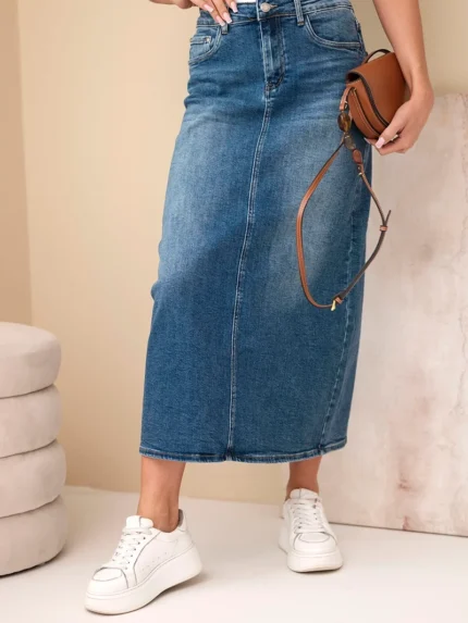 Spódnica jeansowa midi M.Sara z wysoki stanem