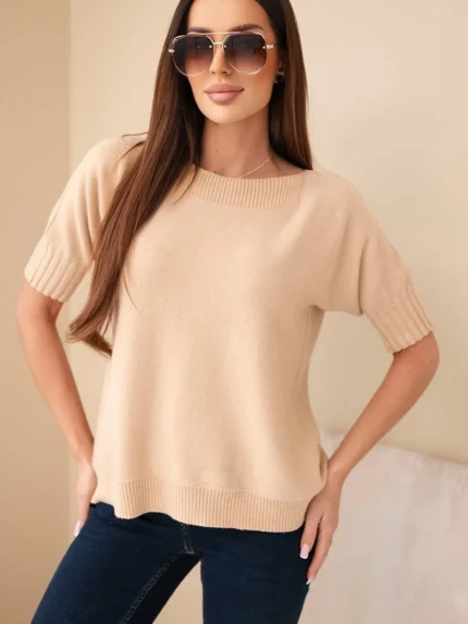 Sweter damski z wiskozy z krótkim rękawem jasno camelowy