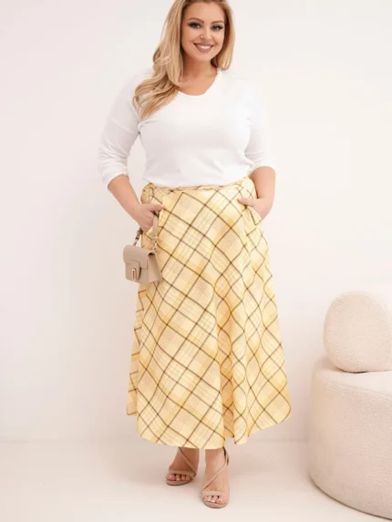 Spódnica damska Plus Size w kratę z szerokim dołem żółta
