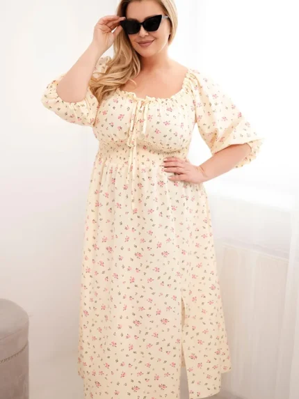 Sukienka damska Plus Size z dekoltem na troczki i elastyczną talią żółta