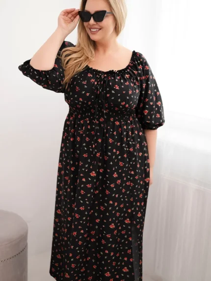 Sukienka damska Plus Size z dekoltem na troczki i elastyczną talią czarna