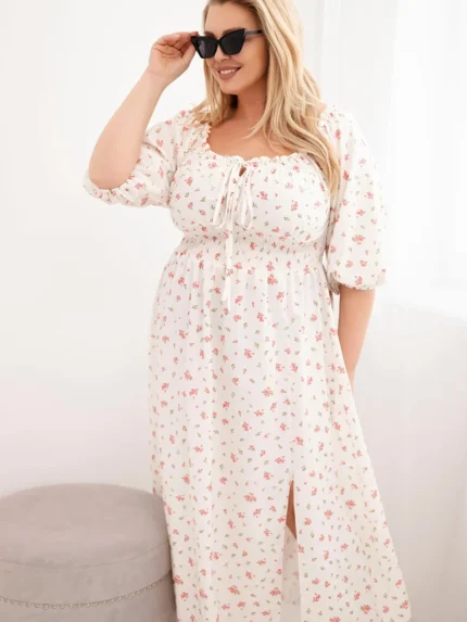 Sukienka damska Plus Size z dekoltem na troczki i elastyczną talią ecru