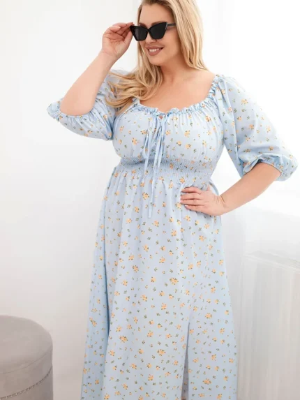 Sukienka damska Plus Size z dekoltem na troczki i elastyczną talią niebieska