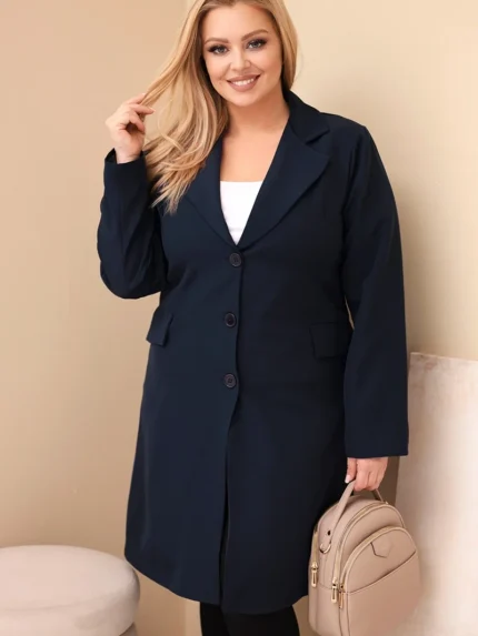 Płaszcz damski Plus Size długi z kołnierzem i kieszeniami granatowy