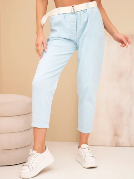 Spodnie damskie sztruksowe z paskiem niebieskie