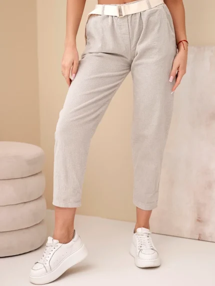 Spodnie damskie sztruksowe z paskiem ciemno beżowe