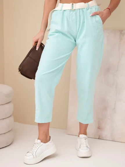 Spodnie damskie sztruksowe z paskiem miętowe