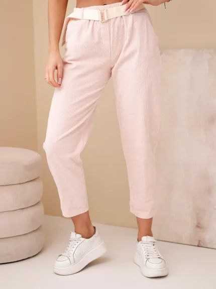 Spodnie damskie sztruksowe z paskiem ciemno pudrowy róż