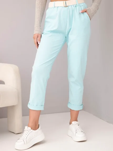 Spodnie damskie bawełniane z paskiem i podwijaną nogawką miętowe