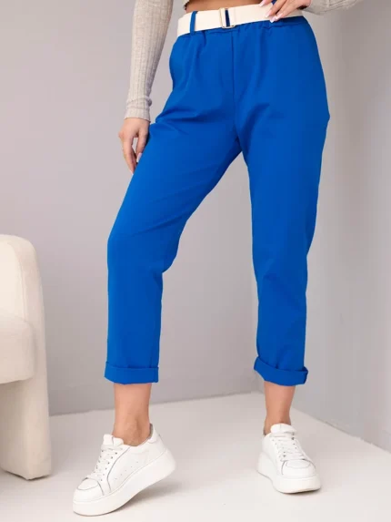 Spodnie damskie bawełniane z paskiem i podwijaną nogawką chabrowe