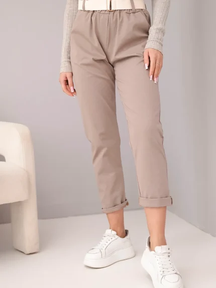 Spodnie damskie bawełniane z paskiem i podwijaną nogawką fango