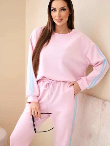 Komplet damski wiskozowy masełko z lampasami pudrowy róż