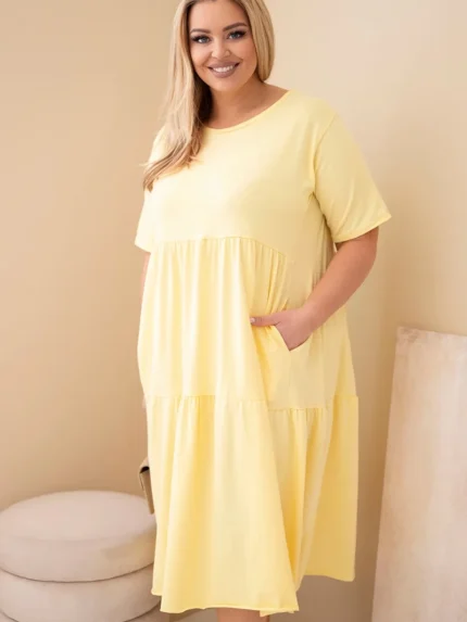 Sukienka damska bawełniana Plus Size z krótkim rękawem i falbaną żółta