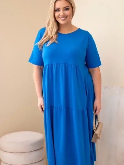 Sukienka damska bawełniana Plus Size z krótkim rękawem i falbaną chabrowa