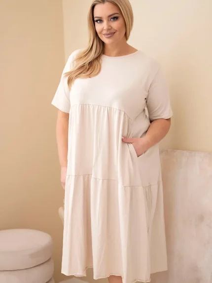 Sukienka damska bawełniana Plus Size z krótkim rękawem i falbaną beżowa