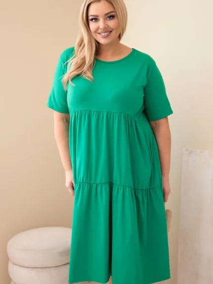 Sukienka damska bawełniana Plus Size z krótkim rękawem i falbaną zielona