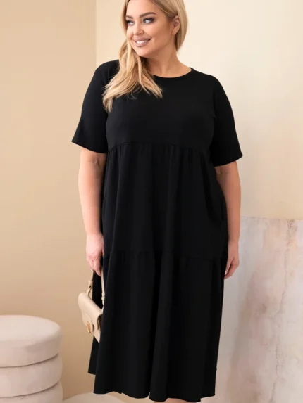 Sukienka damska bawełniana Plus Size z krótkim rękawem i falbaną czarna