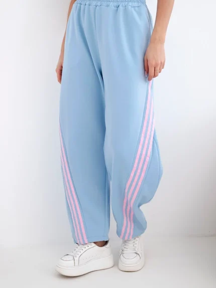 Spodnie damskie masełkowe z wiskozy z lampasem niebieskie