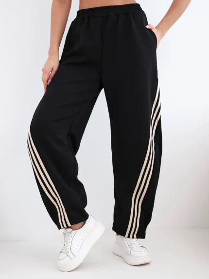 Spodnie damskie masełkowe z wiskozy z lampasem czarny + beżowy