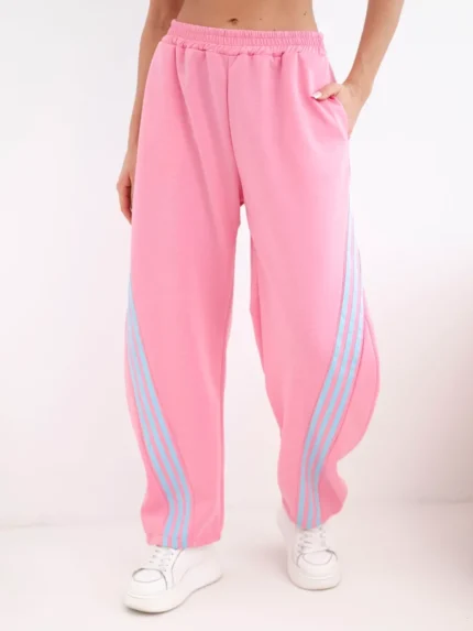 Spodnie damskie masełkowe z wiskozy z lampasem jasno różowe
