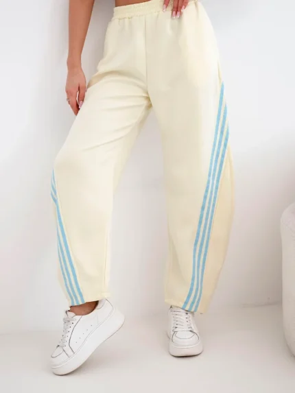 Spodnie damskie masełkowe z wiskozy z lampasem żółte