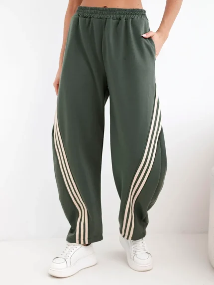 Spodnie damskie masełkowe z wiskozy z lampasem khaki