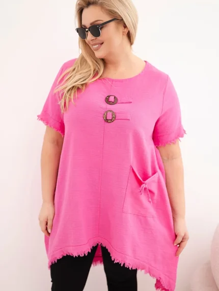 Sukienka damska bawełniana Plus Size z dłuższym tyłem i kieszenią różowa