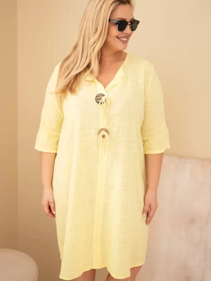 Sukienka damska bawełniana Plus Size z wiązaniem przy dekolcie żółta