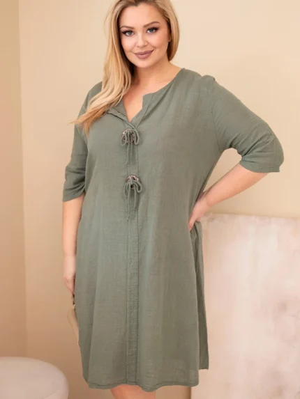 Sukienka damska bawełniana Plus Size z wiązaniem przy dekolcie khaki