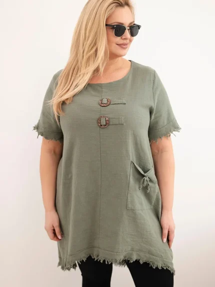 Sukienka damska bawełniana Plus Size z dłuższym tyłem i kieszenią khaki